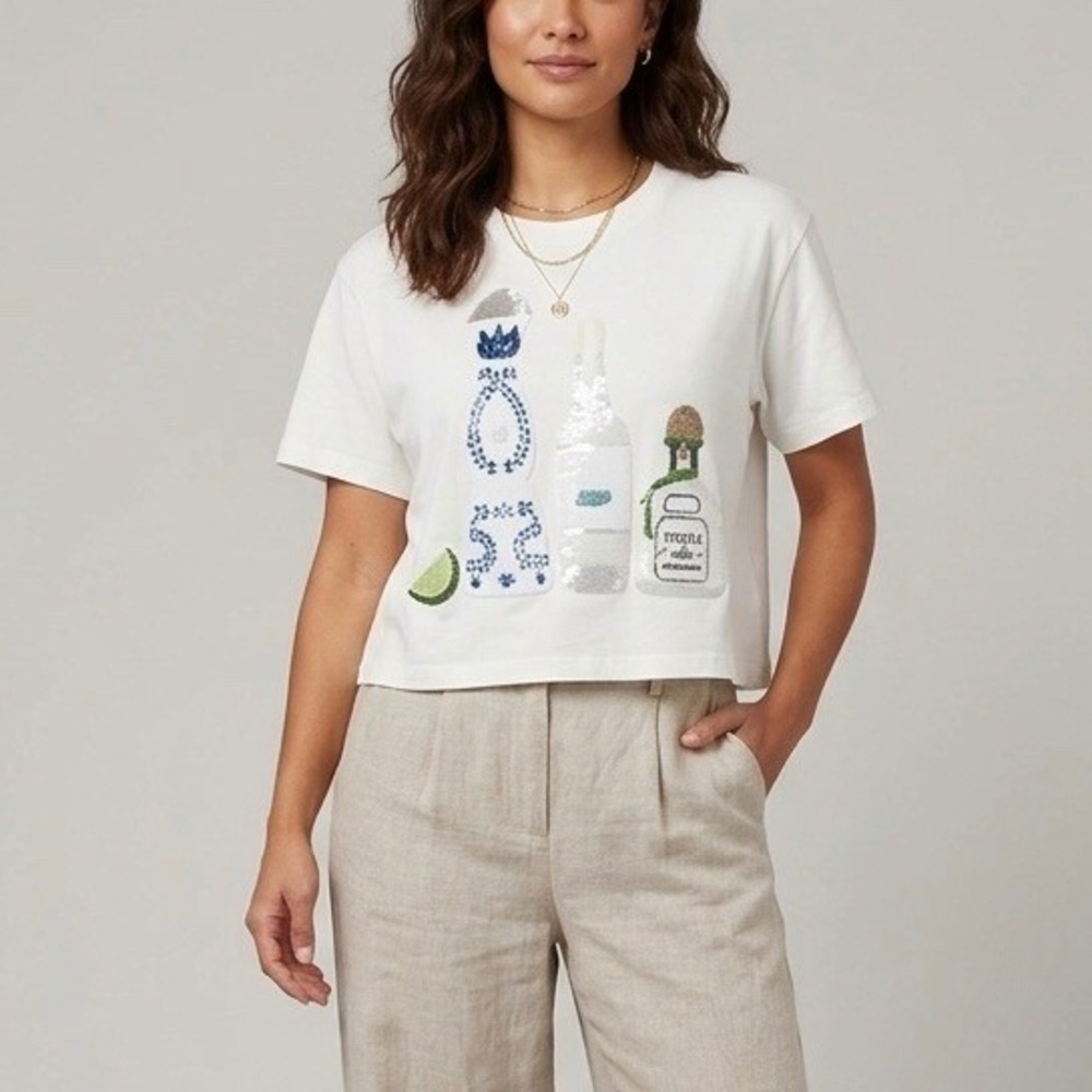 Queen of Sparkles White Tequila Bottle Sequin Embellished Graphic T-Shirt Small